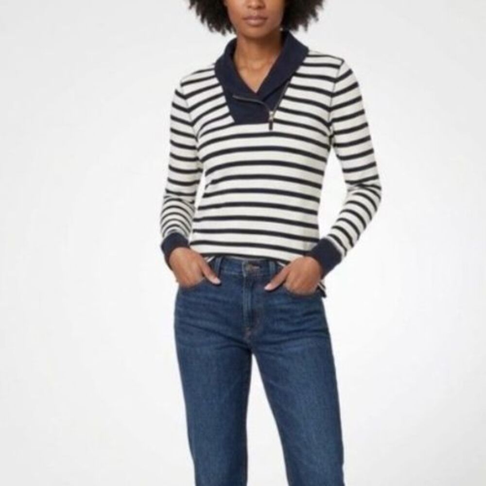 Ralph Lauren Jeans Co. Womens Ivory Navy Stripe Asymmetrical 1/4 Zip LS Top Sz S